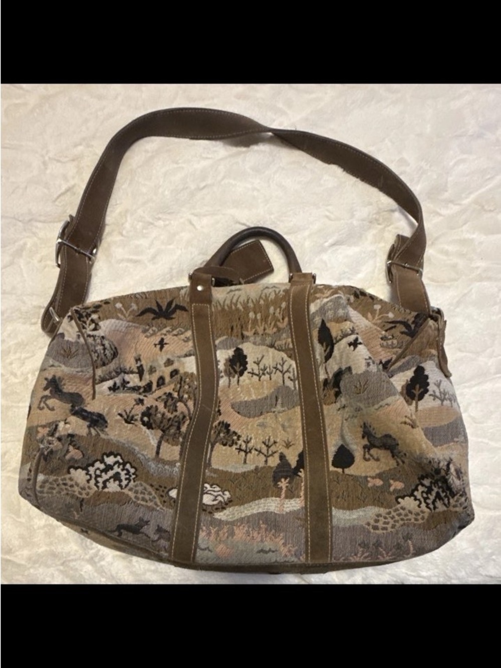 Vintage French western Tapestry Travel Tote Bag in Brown with suede Leather Trim - Picture 2 of 5